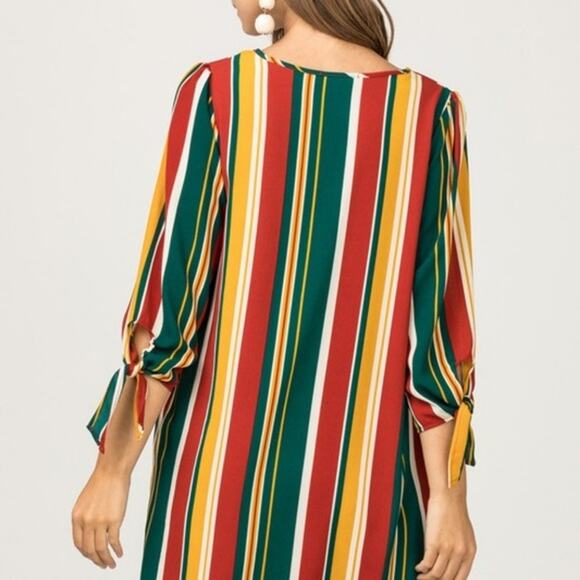 Entro | NWT Rustic Combo Vertical Stripe Tie Sleeve Short Shift Dress w Pockets - Picture 3 of 11